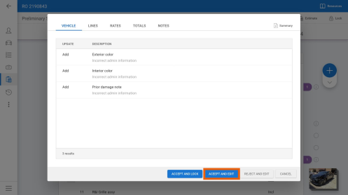Screenshot of the change request window with the Accept and Edit button highlighted.
